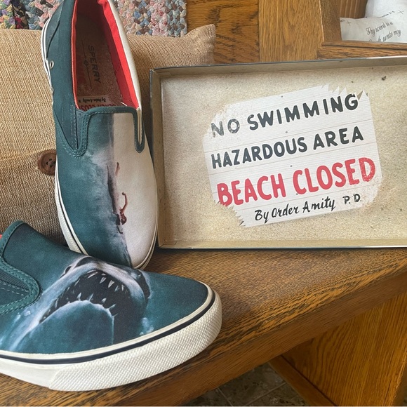 SPERRY, MENS SIZE 9, SLIP ON CANVAS, JAWS THEME SHOE - Picture 8 of 16